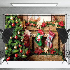 Aperturee - Aperturee Bauble Tree Socks Brick Fireplace Christmas Backdrop