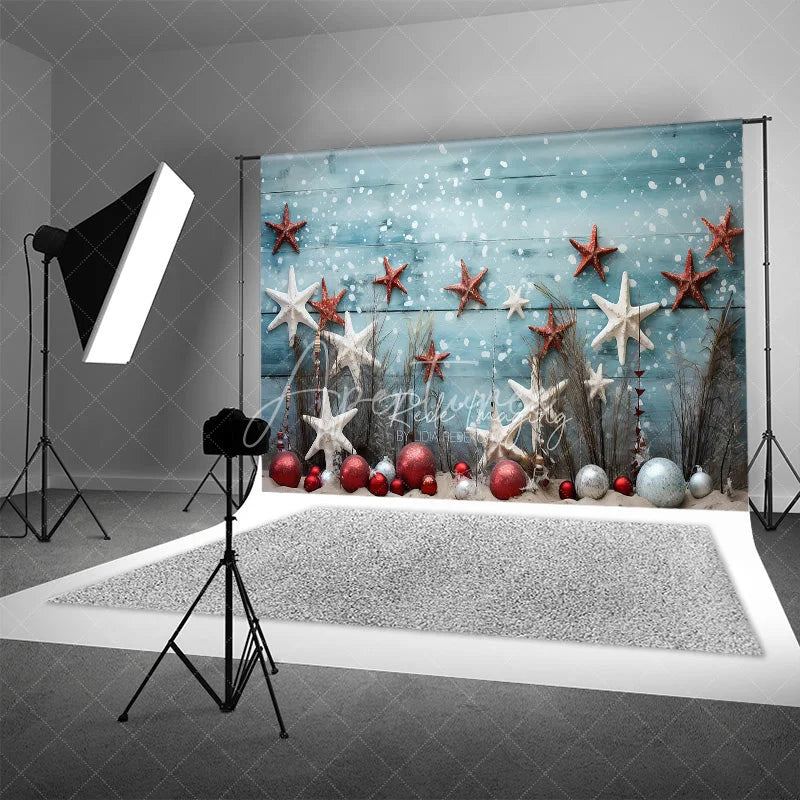 Aperturee - Aperturee Beach Christmas Backdrop Starfish Ornament Sand Photography Background Tropical Blue Wood Summer Holiday Party