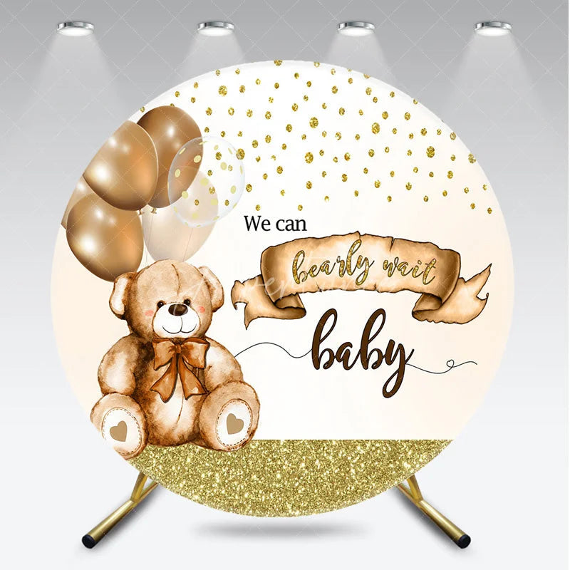 Aperturee - Aperturee Bearly Wait Round Backdrop Cute Teddy Bear and Gold Balloons Baby Shower Background Brown and Cream Nursery Decor