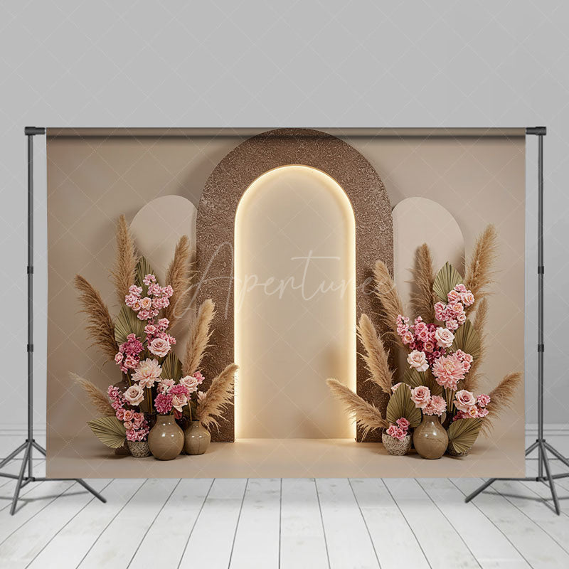 Aperturee - Aperturee Beige Arch Wall Boho Floral Wedding Photo Backdrop