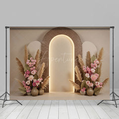 Aperturee - Aperturee Beige Arch Wall Boho Floral Wedding Photo Backdrop