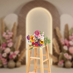 Aperturee - Aperturee Beige Arch Wall Boho Floral Wedding Photo Backdrop