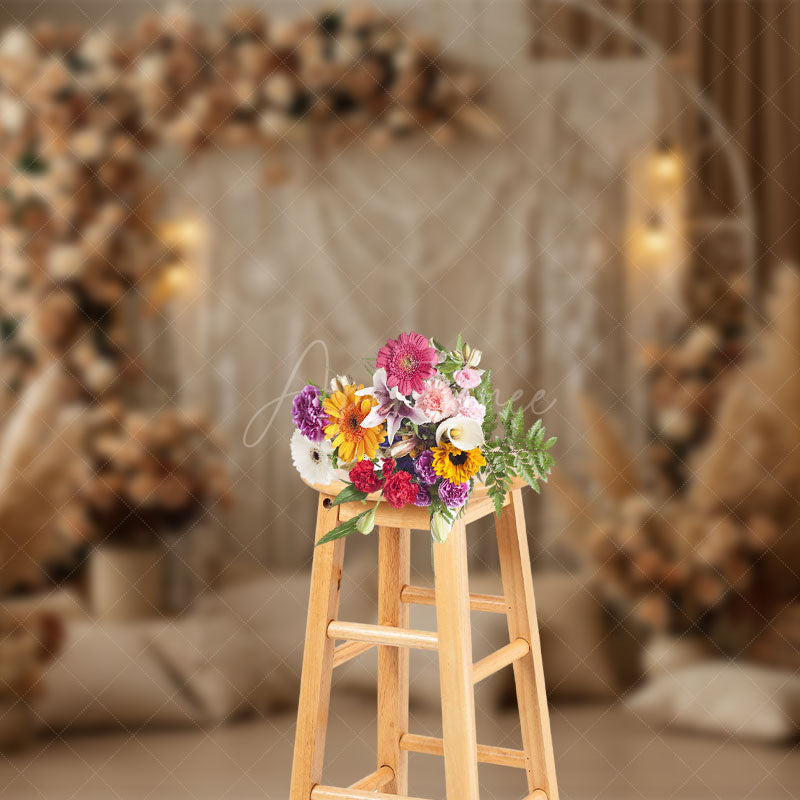 Aperturee - Aperturee Beige Boho Floral Tassel Lighted Photography Backdrop