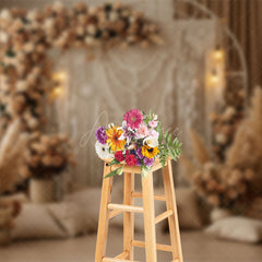 Aperturee - Aperturee Beige Boho Floral Tassel Lighted Photography Backdrop