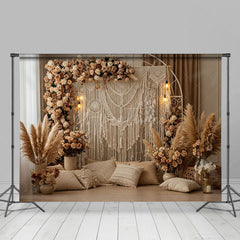 Aperturee - Aperturee Beige Boho Floral Tassel Lighted Photography Backdrop