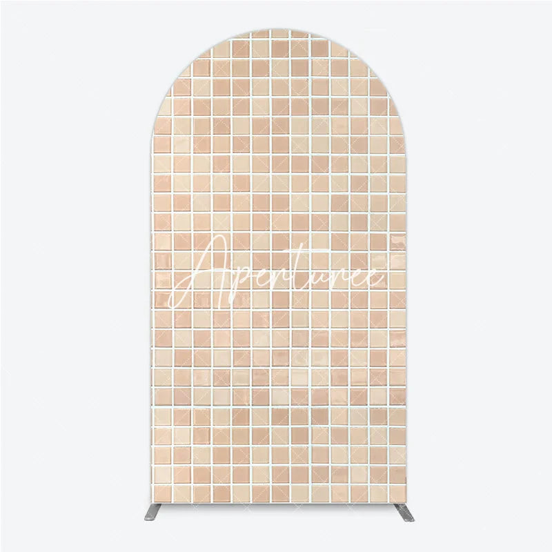 Aperturee - Aperturee Beige Cream Mosaic Tile Pattern Round Top Arch Backdrop Modern Textured Photography Background Decor