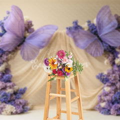 Aperturee - Aperturee Beige Curtain Purple Floral Butterfly Wedding Backdrop