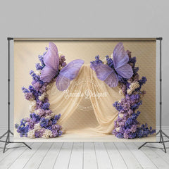 Aperturee - Aperturee Beige Curtain Purple Floral Butterfly Wedding Backdrop
