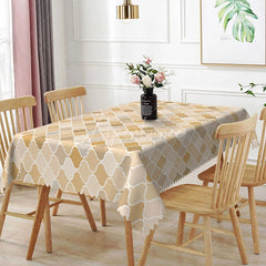 Aperturee - Aperturee Beige Geometric Trellis Rectangle Tablecloth Moroccan Quatrefoil Pattern Cover Modern Neutral Dining Decor