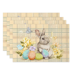 Aperturee - Aperturee Beige Plaid Easter Bunny Set of 4 Placemats Yellow Flower Rabbit Egg Table Mats for Spring