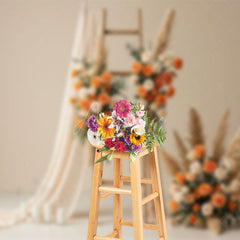 Aperturee - Aperturee Beige Romantic Floral Ladder Curtain Wedding Backdrop