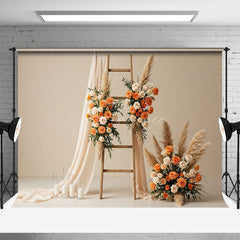Aperturee - Aperturee Beige Romantic Floral Ladder Curtain Wedding Backdrop