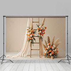 Aperturee - Aperturee Beige Romantic Floral Ladder Curtain Wedding Backdrop