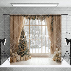 Aperturee - Aperturee Beige Room Window Snowy Christmas Room Set Backdrop
