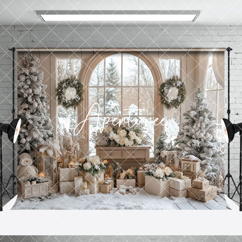Aperturee - Aperturee Beige Room Window Snowy Christmas Room Set Backdrop