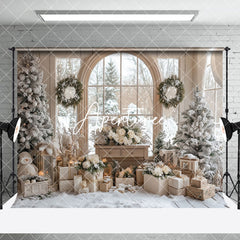 Aperturee - Aperturee Beige Room Window Snowy Christmas Room Set Backdrop