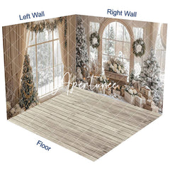Aperturee - Aperturee Beige Room Window Snowy Christmas Room Set Backdrop