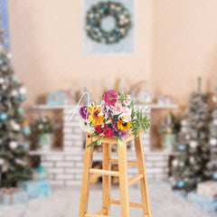 Aperturee - Aperturee Beige Wall Fireplace Xmas Trees Christmas Backdrop