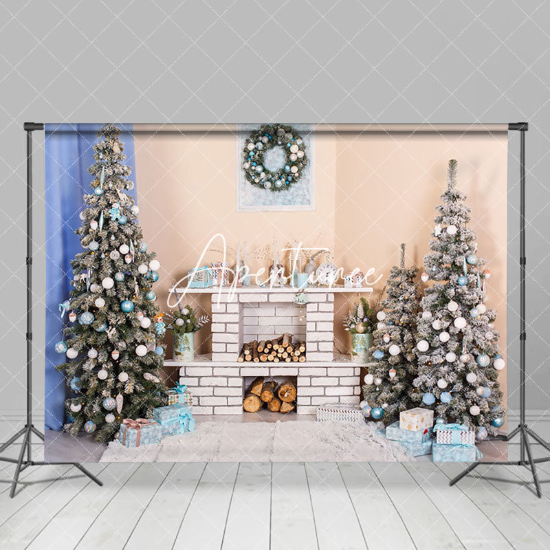 Aperturee - Aperturee Beige Wall Fireplace Xmas Trees Christmas Backdrop
