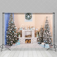 Aperturee - Aperturee Beige Wall Fireplace Xmas Trees Christmas Backdrop