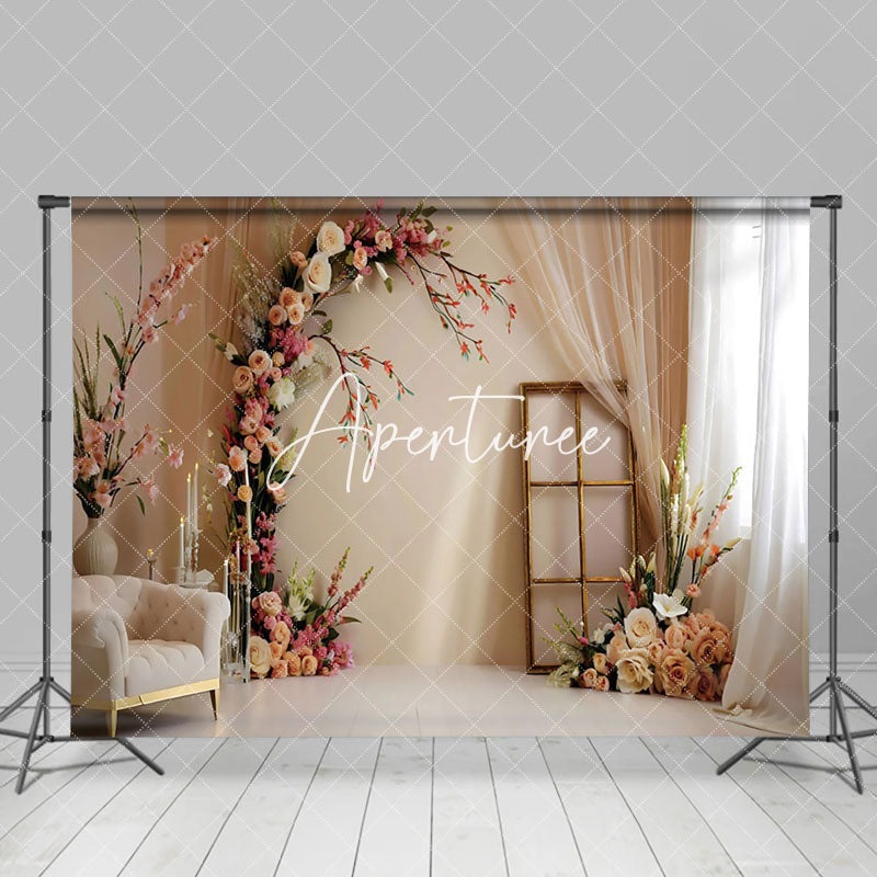 Aperturee - Aperturee Beige Wall Romantic Floral Wedding Photo Backdrop
