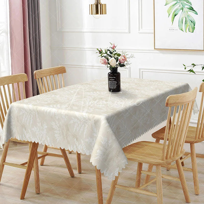 Aperturee - Aperturee Beige White Fern Leaves Rectangle Tablecloth Neutral Botanical Foliage Background Modern Rustic Dining Table Cover