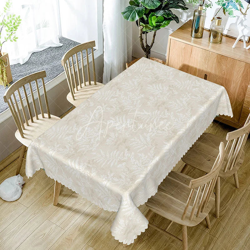 Aperturee - Aperturee Beige White Fern Leaves Rectangle Tablecloth Neutral Botanical Foliage Background Modern Rustic Dining Table Cover