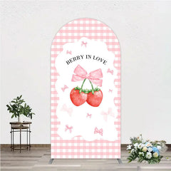 Aperturee - Aperturee Berry In Love Arch Backdrop Pink Gingham Strawberry Bow Background Cute Girl Baby Shower Arch Cover Photo Prop