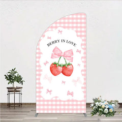 Aperturee - Aperturee Berry In Love Half Moon Arch Backdrop Pink Gingham Strawberry Bow Background Cute Girl Baby Shower Half Moon Arch