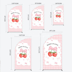 Aperturee - Aperturee Berry In Love Half Moon Arch Backdrop Pink Gingham Strawberry Bow Background Cute Girl Baby Shower Half Moon Arch