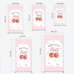 Aperturee - Aperturee Berry In Love Rectangle Backdrop Pink Gingham Strawberry Bow Background Cute Girl Baby Shower Rectangle Cover Photo
