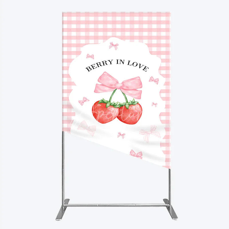 Aperturee - Aperturee Berry In Love Rectangle Backdrop Pink Gingham Strawberry Bow Background Cute Girl Baby Shower Rectangle Cover Photo
