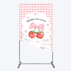 Aperturee - Aperturee Berry In Love Rectangle Backdrop Pink Gingham Strawberry Bow Background Cute Girl Baby Shower Rectangle Cover Photo