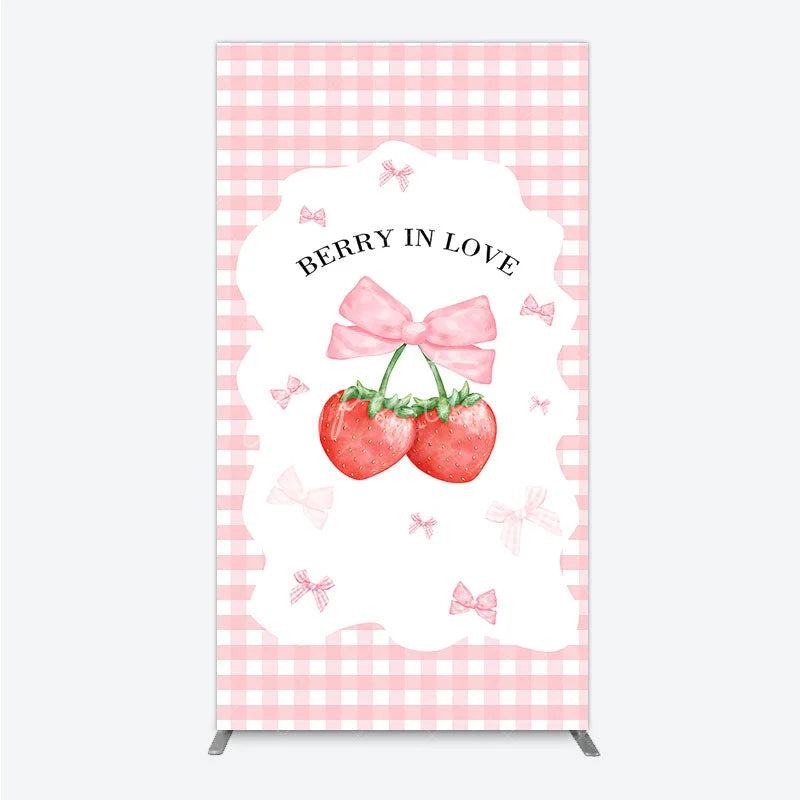 Aperturee - Aperturee Berry In Love Rectangle Backdrop Pink Gingham Strawberry Bow Background Cute Girl Baby Shower Rectangle Cover Photo