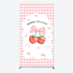 Aperturee - Aperturee Berry In Love Rectangle Backdrop Pink Gingham Strawberry Bow Background Cute Girl Baby Shower Rectangle Cover Photo