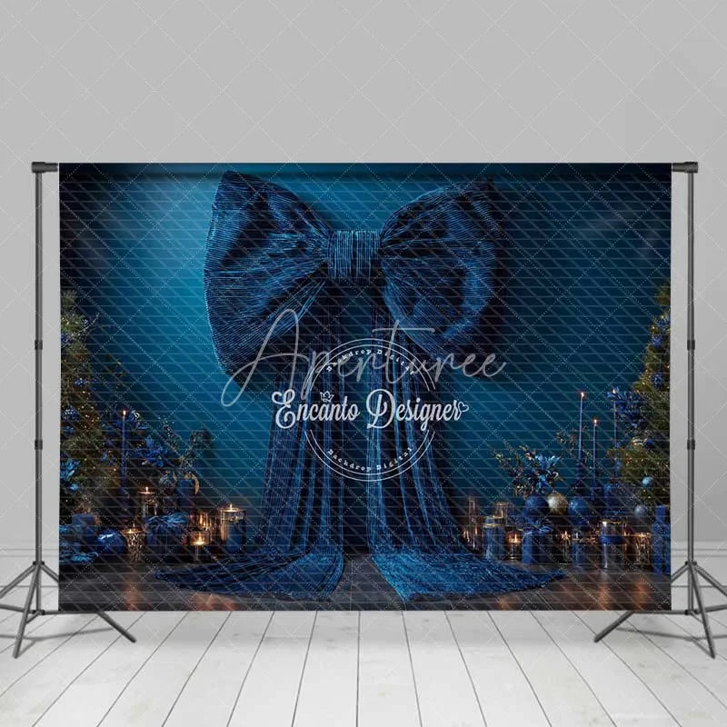 Aperturee - Aperturee Big Blue Bow Christmas Backdrop Elegant Ribbon Gift Box Photography Background