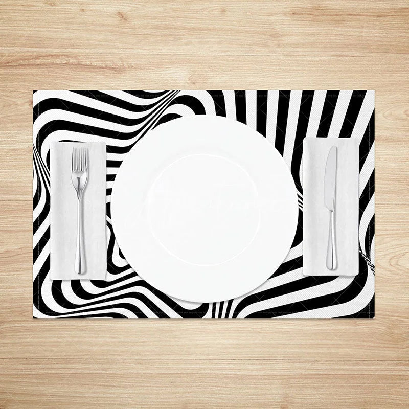 Aperturee - Aperturee Black Abstract Optical Illusion Star Set of 4 Placemats Modern Geometric Design for Contemporary Dining