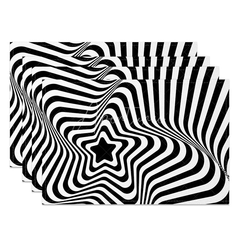 Aperturee - Aperturee Black Abstract Optical Illusion Star Set of 4 Placemats Modern Geometric Design for Contemporary Dining