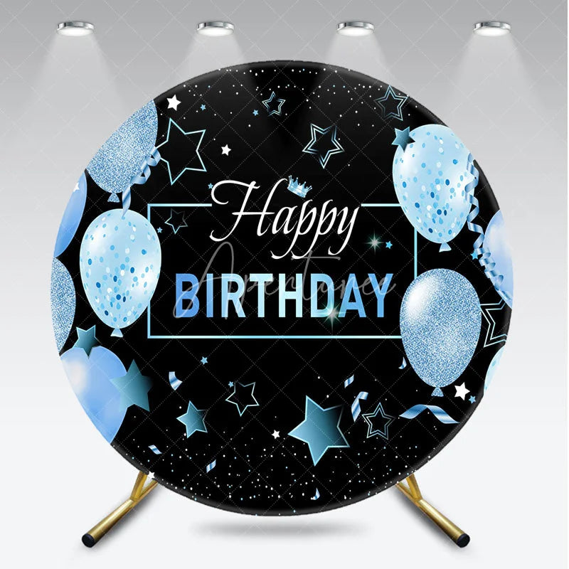 Aperturee - Aperturee Black and Blue Happy Birthday Round Backdrop with Glitter Balloons Stars and Confetti for Festive Party Decor
