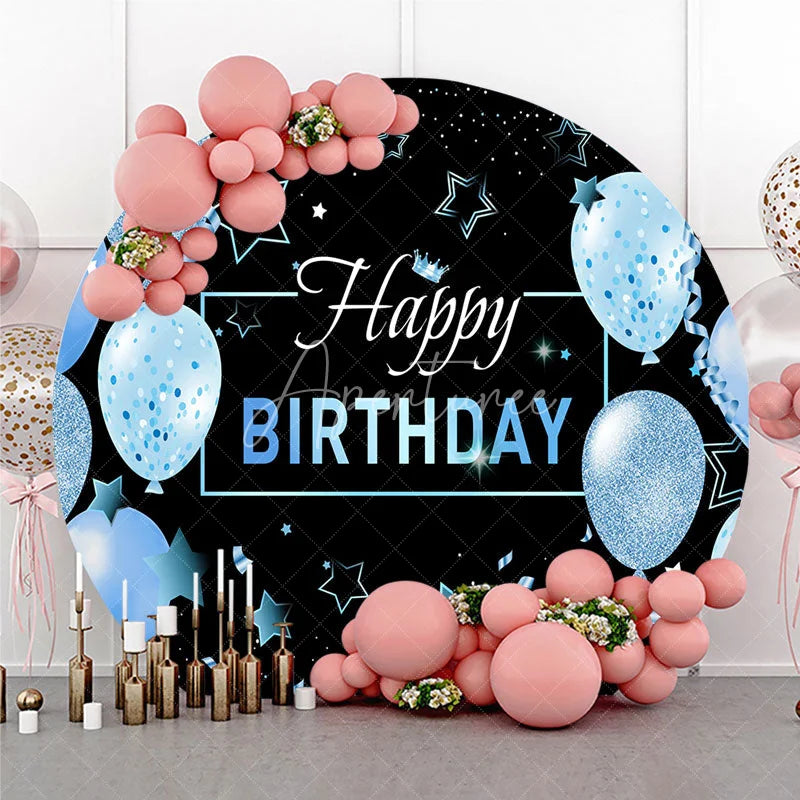 Aperturee - Aperturee Black and Blue Happy Birthday Round Backdrop with Glitter Balloons Stars and Confetti for Festive Party Decor