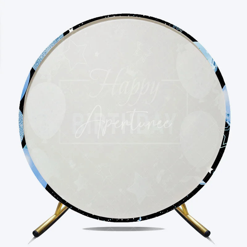 Aperturee - Aperturee Black and Blue Happy Birthday Round Backdrop with Glitter Balloons Stars and Confetti for Festive Party Decor