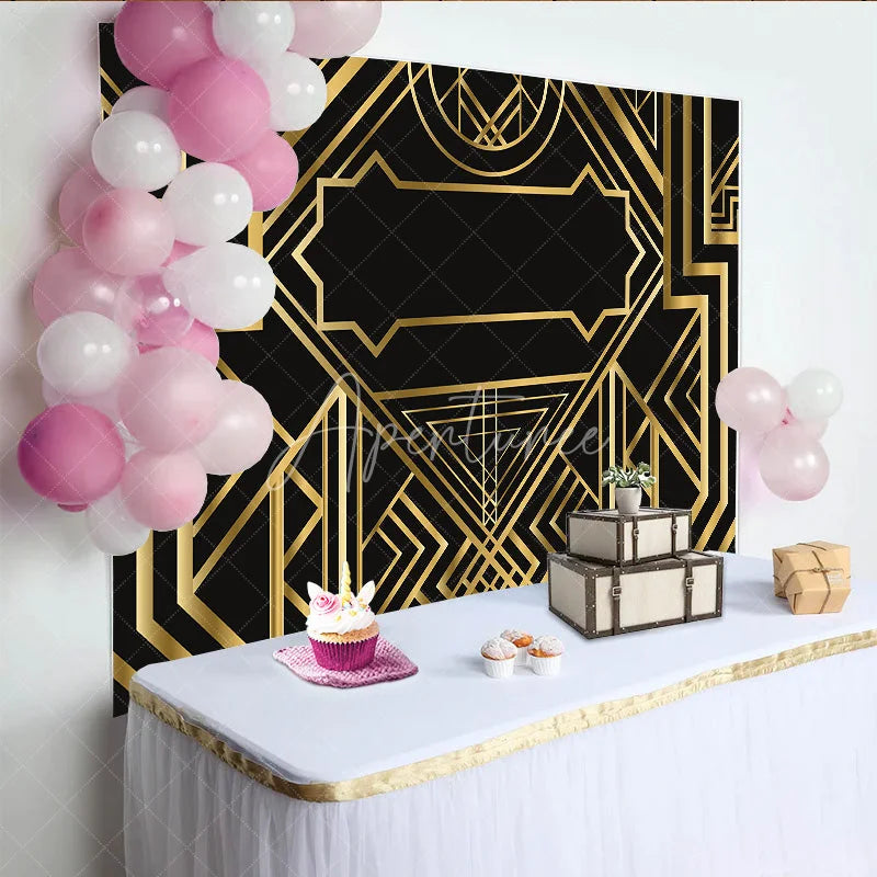Aperturee - Aperturee Black and Gold Art Deco Birthday Backdrop 1920s Roaring Vintage Geometric Party Background
