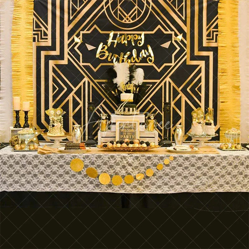 Aperturee - Aperturee Black and Gold Art Deco Birthday Backdrop 1920s Roaring Vintage Geometric Party Background