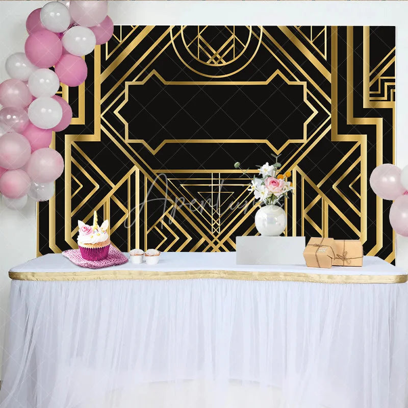 Aperturee - Aperturee Black and Gold Art Deco Birthday Backdrop 1920s Roaring Vintage Geometric Party Background