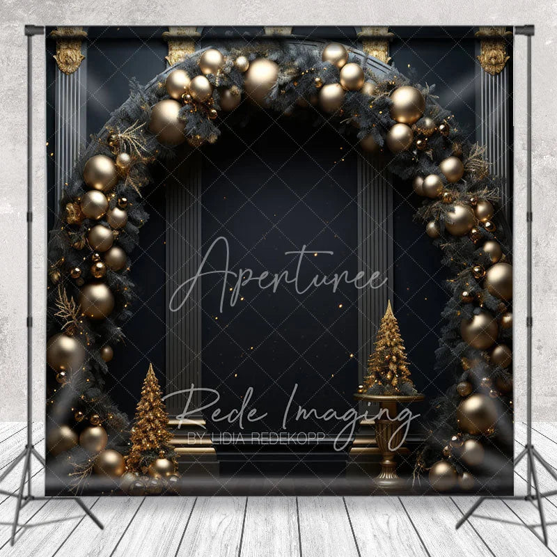 Aperturee - Aperturee Black and Gold Balloon Arch Photography Backdrop Elegant Christmas Decor New Year’s Eve Party Photo Booth