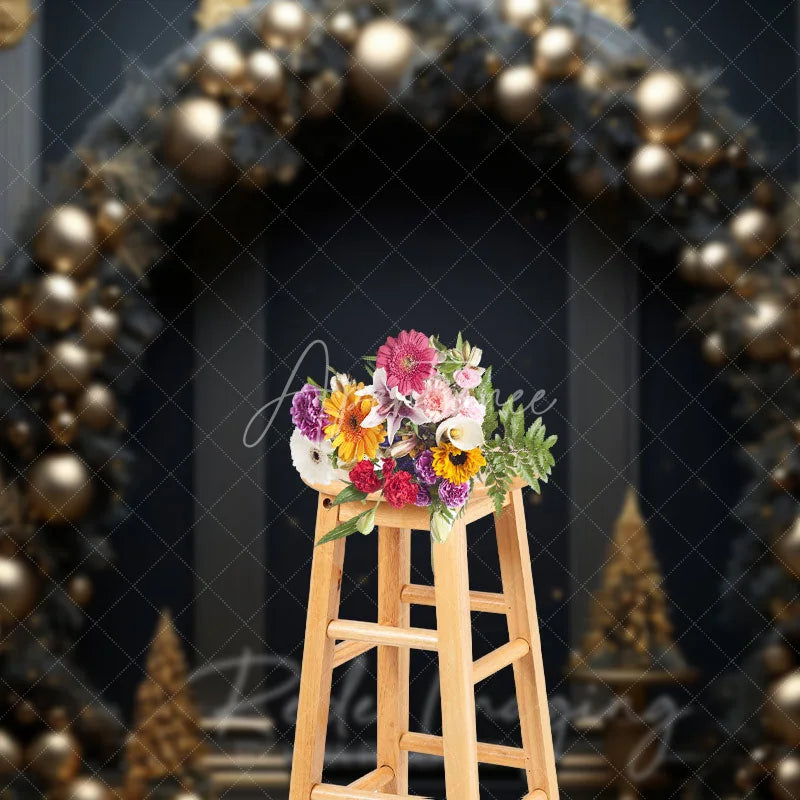 Aperturee - Aperturee Black and Gold Balloon Arch Photography Backdrop Elegant Christmas Decor New Year’s Eve Party Photo Booth