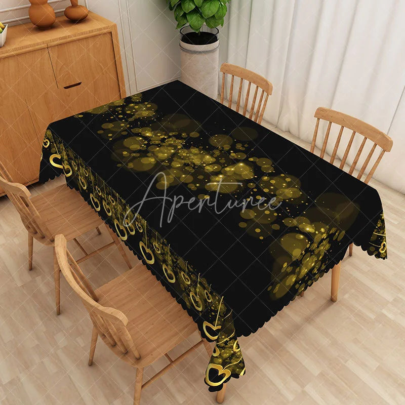 Aperturee - Aperturee Black and Gold Bokeh Heart Rectangle Tablecloth Glitter Light Spot Love Table Cover Romantic Dinner Anniversary Decor