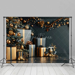 Aperturee - Aperturee Black and Gold Christmas Backdrop Luxury Tree Gift Box Photography Background Elegant Dark Winter Holiday Party Banner