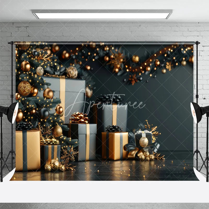 Aperturee - Aperturee Black and Gold Christmas Backdrop Luxury Tree Gift Box Photography Background Elegant Dark Winter Holiday Party Banner