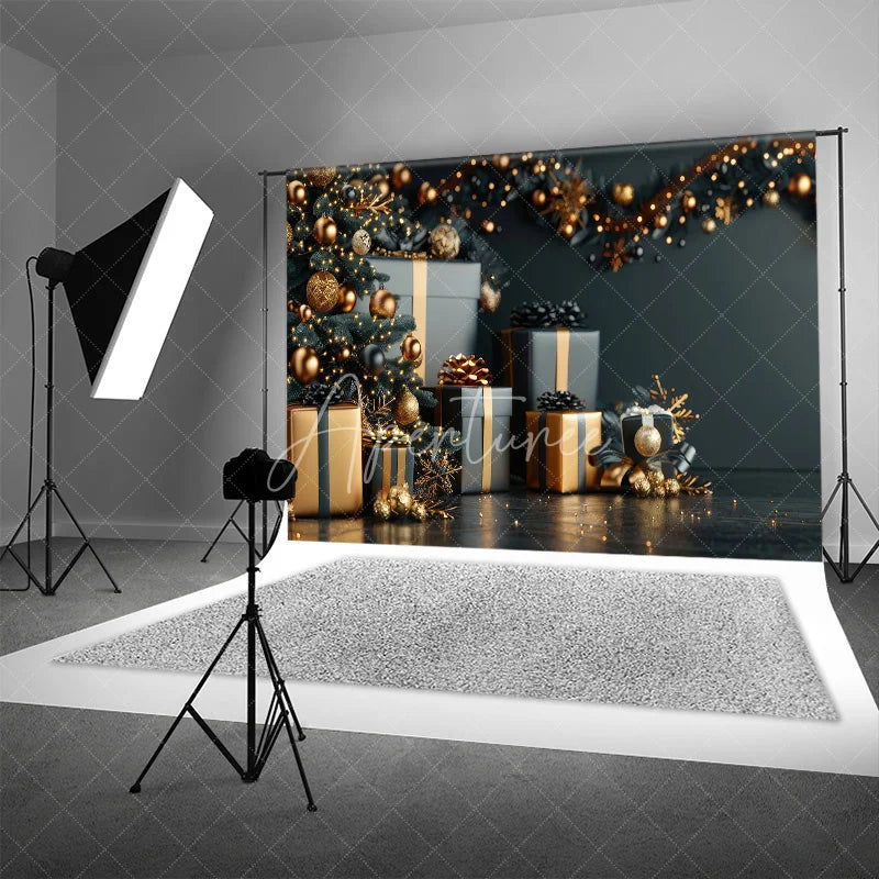 Aperturee - Aperturee Black and Gold Christmas Backdrop Luxury Tree Gift Box Photography Background Elegant Dark Winter Holiday Party Banner